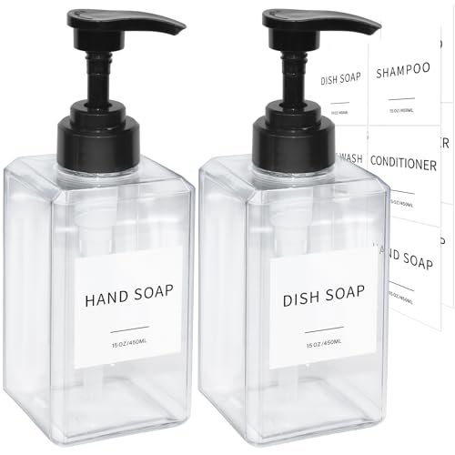 Clear Soap Dispenser with Waterproof Labels, Thickened Plastic Hand Soap Dispenser for Bathroom, Kitchen Dish Washing Liquid Bottles, Shampoo and Conditioner Bottles with Funnel (15oz 2Pack Clear) - color: 15oz 2pack Clear