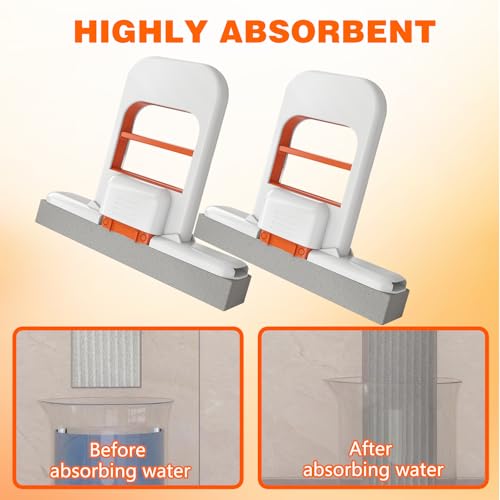 Self Squeezing Mini Mop, Wet and Dry Use Cleaning System, Orange Small Sponge Mop,Foldable Desktop Mop, One-Hand Squeeze Handle and Replaceable Head (2Pcs)