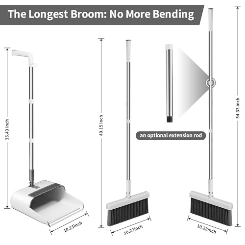 Household 53'' Broom and Dustpan Combo Set, Extra Long Handle Broom and ZeroGap Dustpan Sets with Teeth, Upright Storage Broom and Dustpan Sets for Home and Kitchen Off White