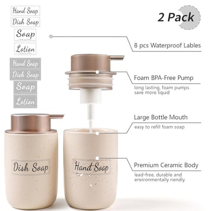 BosilunLife Foaming Soap Dispenser Set - Apricot Ceramic Foam Hand Soap Dispenser 12oz with Rust Proof Pump, Easy Pressing & Refillable,4Pcs Clear Stickers for Kitchen, Bathroom - 2 Pack - color: Apricot-foam Pump