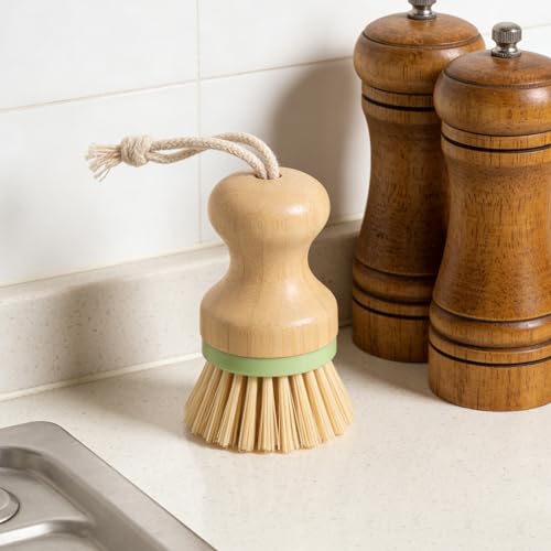 Dish Scrub Brush - Palm Brush with Ergonomic Wood Grip & Non-Scratch Medium Stiff Bristles for Cleaning Dishes, Pots, Pans, Kitchen Sink, Daily Dishwashing