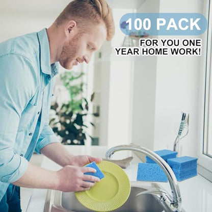 Zhengmy 100 Pieces Sponges Bulk Sponges Kitchen Compressed Sponge Natural Dish Sponge Compressed Wood Pulp Cleaning Without Scratching for Kitchen Bathroom, 3.9 x 2.4 x 0.12 Inch (Blue) - color: Blue
