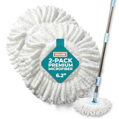 Grazie Spin Mop Head Replacements – Premium Microfiber Mop Refills – Ultra-Absorbent, Washable Heads – Compatible with Most Spin Mop Systems – Ideal for Tile, Hardwood & Laminate Floors – 2-Pack