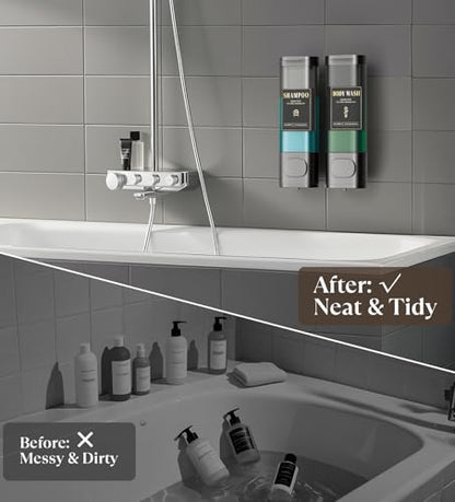 Luxspire Shampoo and Conditioner Dispenser, No Drill Wall Mounted Shower Soap Dispenser 2 Chamber with Waterproof Labels, Easy Refill Soap Dispenser for Bathroom Hotel Kitchen, Gray - color: Gray, size: 2 Chamber