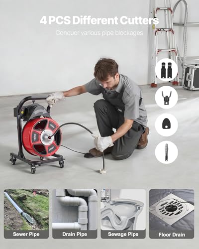 VEVOR Drain Cleaner Machine 50 FT x 1/2 Inch, Manual Feed Sewer Snake Auger on Wheels - with 4 Cutters & Air-activated Foot Switch for 2" to 6" Pipes - style: 50 FT x 1/2'' Manual Feed