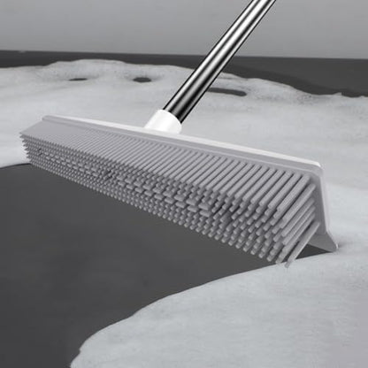 Rubber Cleaning Broom with 30 cm Wide Brush Head and 8 Rows for Carpet and Hardwood Floors, Cat and Dog Hair Removal Silicone Floor Brush with 3 Section Pole