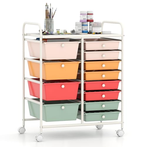 Giantex 12 Drawer Rolling Cart with Drawers, Storage Organizer Cart for Classroom Office School Teacher, Mobile Drawer Cart for Tools, Crafts, Small Printer, Macaron Multicolor - color: Macaron Multicolor, size: 12 Drawer-25"x14.5"x29.5"