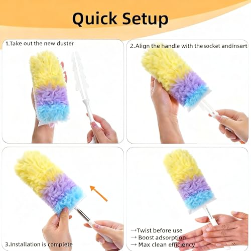 Heavy Duty Duster Refills, Disposable Dusters Kit for Cleaning Dusting Furniture Blind Ceiling Fan, Multi Surface 360 Feather Duster(10)+3FT Extended Handle（1） (Colorful) - color: Colorful