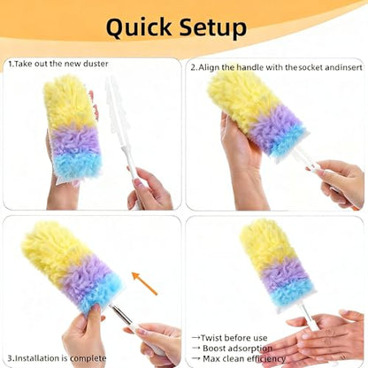 Heavy Duty Duster Refills, Disposable Dusters Kit for Cleaning Dusting Furniture Blind Ceiling Fan, Multi Surface 360 Feather Duster(10)+3FT Extended Handle（1） (Colorful) - color: Colorful
