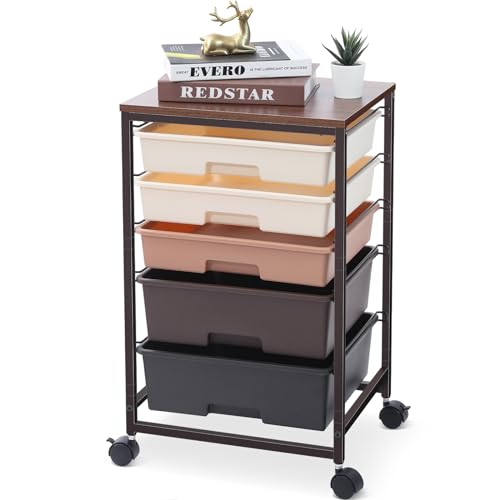 SYKIARIOL Utility Cart with 5 Drawers,Storage Drawer Cart with Wooden Tabletop and Lockable Wheels,Craft Storage Trolley Cart,5-Tier Rolling Utility Cart on Wheels,Dark Brown - color: Dark Brown