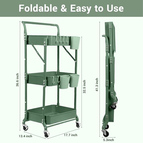Amatic 3-Tier Folding Rolling Utility Cart with Wheels, Metal Foldable Storage Cart Organizer with 3 Hanging Cups & 6 Hooks for Kitchen, Office, Living Room, Nursery(Green) - color: Green