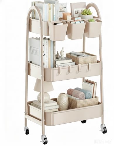 danpinera 3-Tier Rolling Cart, Utility Cart Mobile Metal Rolling Storage Cart with Lockable Wheels & Hanging Cups & Hooks for Kitchen, Bathroom, Office, Workshop, Beige - color: Beige, size: Normal (3 tier)