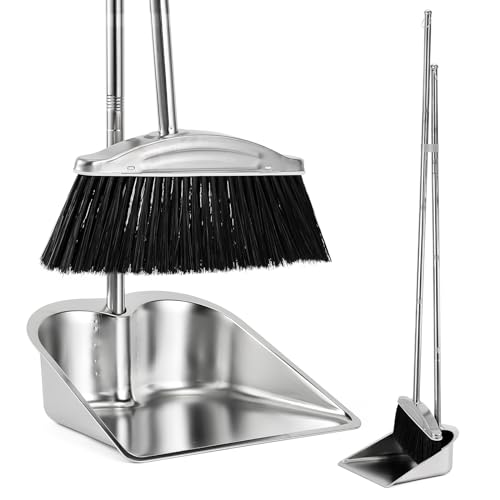 VOOWO Broom with Dustpan Combo Set, 46" Stainless Steel Broom and Dustpan Set for Home, Heavy Duty Dust Pan with Long Handle, Broom for Sweeping Indoor and Outdoor, Kitchen Broom and Dust Pan (Black) - color: Black