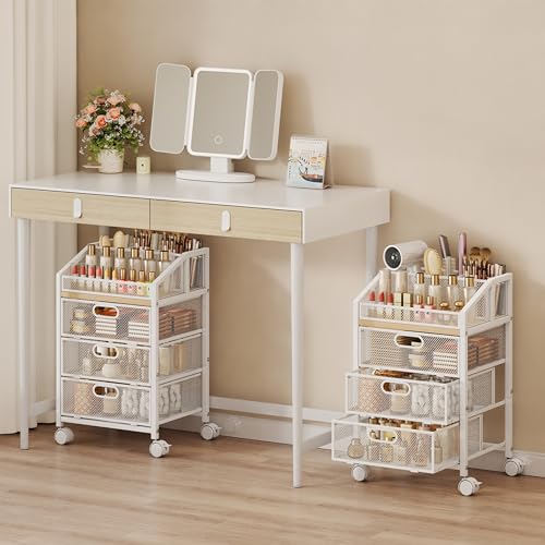 HapiRm Rolling Makeup Cart Organizer - Under Desk Makeup Storage with Wheels, Floor Make up Cart Skincare Organizers Desk Vanity Storage Organizer Cabinet for Cosmetics Makeup Brush Hair Tool, White - color: White, size: 3 Drawers