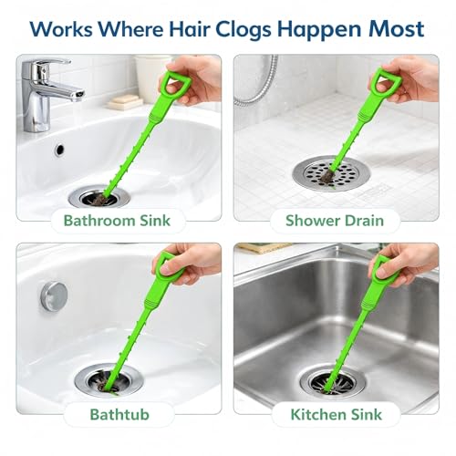Drain Snake Hair Clog Remover, 4 Pack 20-Inch Flexible Barbed Drain Cleaner for Bathroom Sink, Shower and Bathtub, Reusable Sink Unclogger, Green | Drain Clog Remover