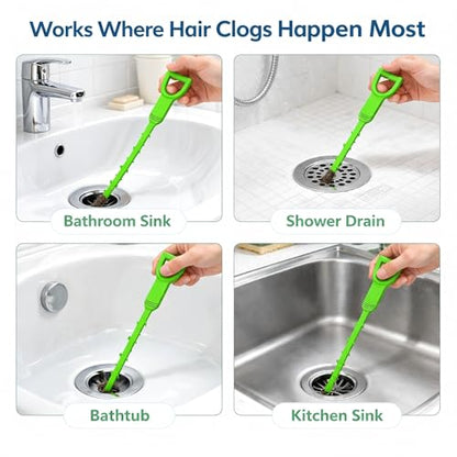 Drain Snake Hair Clog Remover, 4 Pack 20-Inch Flexible Barbed Drain Cleaner for Bathroom Sink, Shower and Bathtub, Reusable Sink Unclogger, Green | Drain Clog Remover