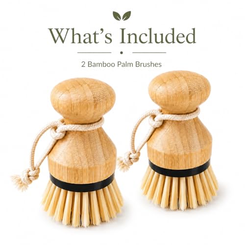 Kitchen Simple Bamboo Palm Brush Set, 2 Pack Dish Scrub Brushes for Pots, Pans, Dishes, Sink & Vegetable Cleaning, Durable Bristles, Bamboo Handle, Black Accent & Cotton Hanging Loop