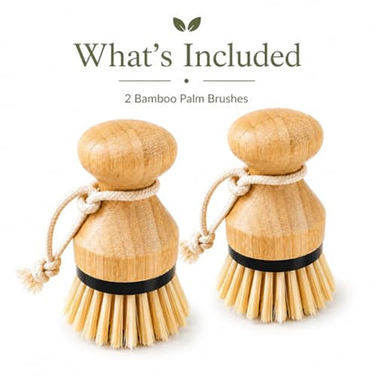 Kitchen Simple Bamboo Palm Brush Set, 2 Pack Dish Scrub Brushes for Pots, Pans, Dishes, Sink & Vegetable Cleaning, Durable Bristles, Bamboo Handle, Black Accent & Cotton Hanging Loop