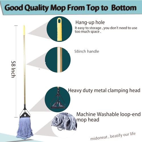 Midoneat Commercial Industrial Heavy Duty Mop with Long Handle,58" Looped-End String Wet Cotton Mops for Floor Cleaning, 2packs