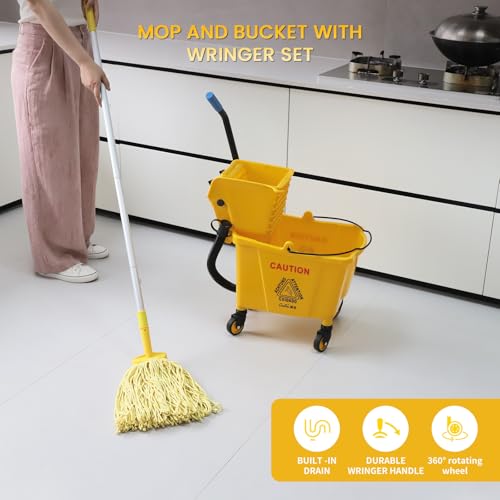 35-Quart Commercial Mop Bucket with Side Press Wringer on Wheels | Floor Cleaning , Including Commercial Mop and Mop Head Replacement,Yellow