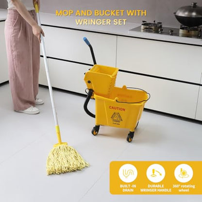 35-Quart Commercial Mop Bucket with Side Press Wringer on Wheels | Floor Cleaning , Including Commercial Mop and Mop Head Replacement,Yellow