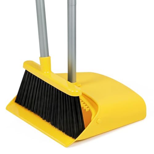 Stand Up Dustpan and Broom Set 50” Long Handle Broom with Dust Pan, with Self Cleaning Combe for Ergonomic Home Office Classroom Indoor Sweeping