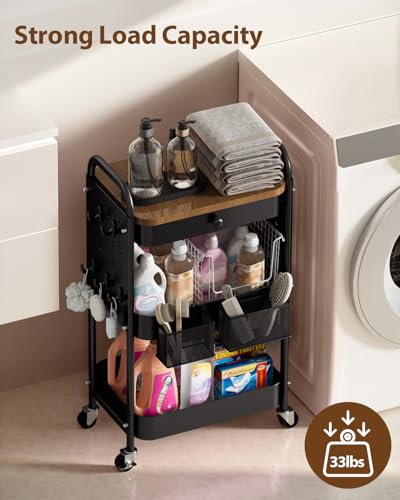 ALVOROG Rolling Cart with Drawer and Wood Table Top, 3 Tier Metal Rolling Utility Cart on Wheels with DIY Pegboards, Hanging Baskets, Hooks for Bedroom,Office,Craft Supplies - color: Black