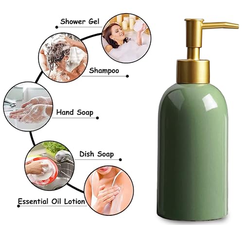 Ceramic Soap Dispenser Green with Gold Pump,Simple Design Cylindrical Lotion Dispenser Bottle,Refillable Liquid Hand Soap Dispenser for Kitchen,Bathroom,Washroom - color: Green（a）