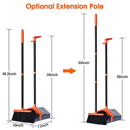 Broom and Dustpan Set, Broom Dustpan with 40"/52" Long Handle, Comb Teeth and Rubber Lip Design, Upright Broom and Dustpan Set for Home Room Office Lobby Floor Use