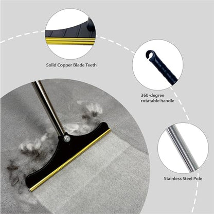 Premium Stainless Steel Pet Hair Removal Carpet Rake | Reusable Adjustable Pet Fur De-Shedding Tool for Carpets, Rugs, Upholstery & Auto Mats | Long Extendable Handle, Heavy-Duty Construction (Black) - color: Black