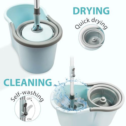 Spin Mop and Bucket with Wringer Set, 360° Spinning Mop Bucket System with 3 Microfiber Mop Replacement Heads, Adjustable Handle for Floor Cleaning (Light Blue) - color: Light Blue