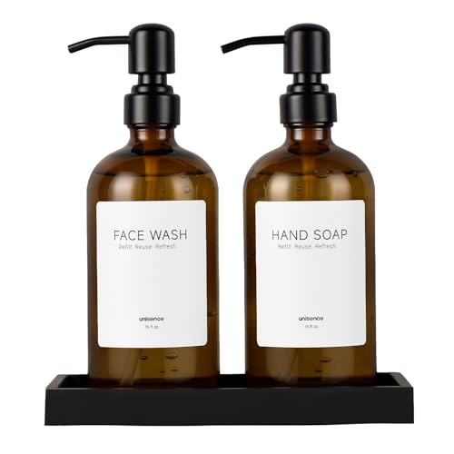 2 Packs Glass Dish Soap Dispenser Set for Kitchen, Hand and Dish Soap Dispenser with Stainless Steel Pump & Resin Tray, Rental-Modern Refillable Countertop Soap Dispenser for Bathroom,Amber - color: Amber