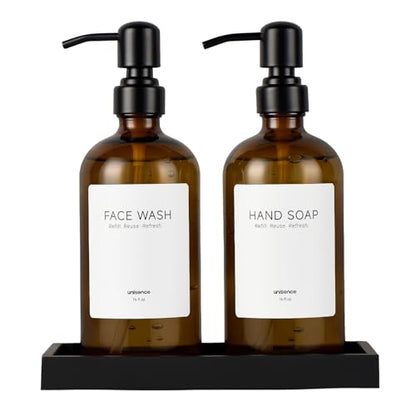 2 Packs Glass Dish Soap Dispenser Set for Kitchen, Hand and Dish Soap Dispenser with Stainless Steel Pump & Resin Tray, Rental-Modern Refillable Countertop Soap Dispenser for Bathroom,Amber - color: Amber