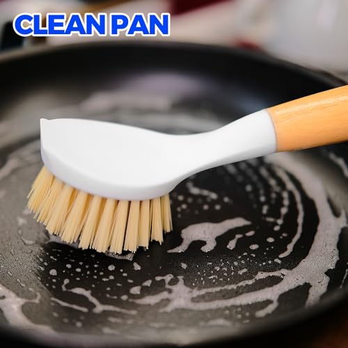 Holikme 3 Pack Dish Brush Set with Bamboo Handle, Kitchen Cleaner for Cleaning Pot, Pan, Sink and Stove, Scrubber with Medium Bristles, Yellow - color: Yellow