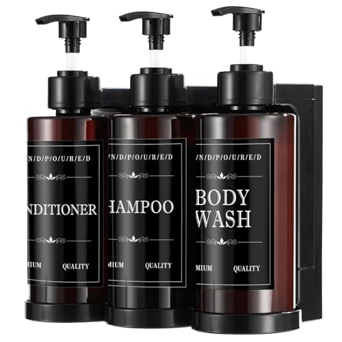 Shampoo and Conditioner Dispenser for Shower Wall, Body Wash Dispenser with 5 Waterproof Labels, No-Drill Wall Mounted Shower Soap Dispenser for Bathroom Decor Upgrade - Brown 3 Chamber - color: Brown - 3 Bottle