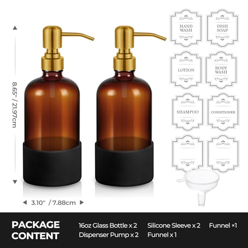16 oz Hand and Dish Soap Dispenser Set for Kitchen and Bathroom, 500ml Amber Glass Soap Dispenser with Stainless Steel Golden Pump, Non-Slip Silicone Sleeves, Labels - 2 Pack - color: Amber With Golden Pump