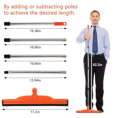 Floor Squeegee Broom 62.2" Adjustable Long Stainless Steel Handle 17.2" | EVA Double-Layer Foam Blade Multi-Purpose for Bathroom, Deck, Window Cleaning(Orange)
