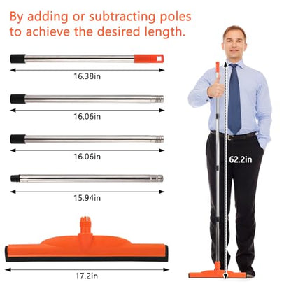 Floor Squeegee Broom 62.2" Adjustable Long Stainless Steel Handle 17.2" | EVA Double-Layer Foam Blade Multi-Purpose for Bathroom, Deck, Window Cleaning(Orange)