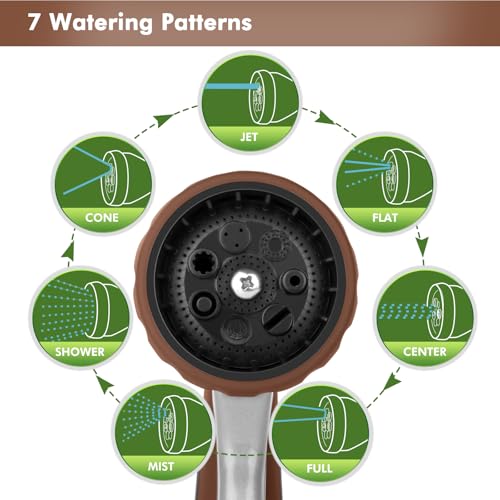 RESTMO Metal Watering Wand, Heavy Duty Garden Hose Wand with 180° Swivel Ratcheting Head, 16'' Hose Nozzle Sprayer with 7 Spray Patterns and Flow Control, for Water Hanging Baskets and Shrubs, Brown - color: Brown