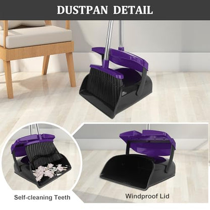 Broom and Dustpan Set, 51" Long Handle Broom with Dustpan Combo Set, Windproof and Self-Cleaning Teeth, Purple Household Dust Pan Set Sweep Kitchen Office Lobby Pet Room - color: Purple