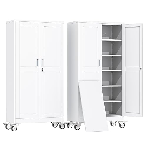 erosoei 74" H Metal Garage Storage Cabinet, Rolling Tool Cabinet with 2 Doors and Wheels, Locker Steel Cabinet with 5 Adjustable Shelves, Organization Cabinet for Garage,Office,Home,Gym,School（White） - color: White, size: Upgraded Size with Wheels and Loc