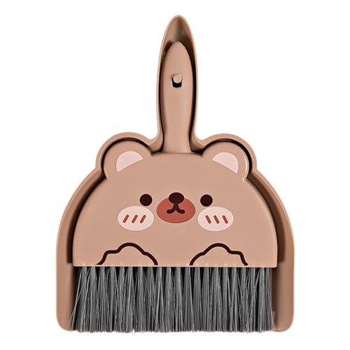 Mini Dustpan and Brush Set, Cartoon Pattern Cleaning Set, 2pcs/set Small Broom Dustpan Set, Keyboards Cleaning Mini Broom Dustpan Set, Compact Dust Pan and Hand Broom for Cleaning Brown