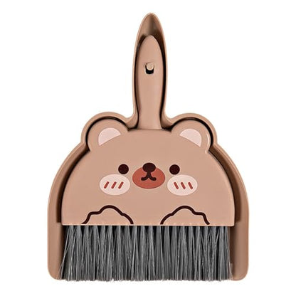 Mini Dustpan and Brush Set, Cartoon Pattern Cleaning Set, 2pcs/set Small Broom Dustpan Set, Keyboards Cleaning Mini Broom Dustpan Set, Compact Dust Pan and Hand Broom for Cleaning Brown