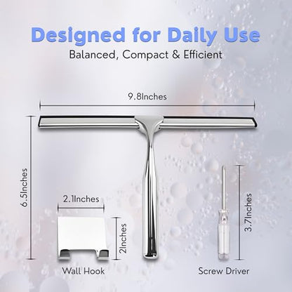 All-Purpose Shower Squeegee for Shower Doors, Bathroom, Windows, Mirrors, Tiles, and Car Glass – 11 Inches Stainless Steel with Hook (Silver)