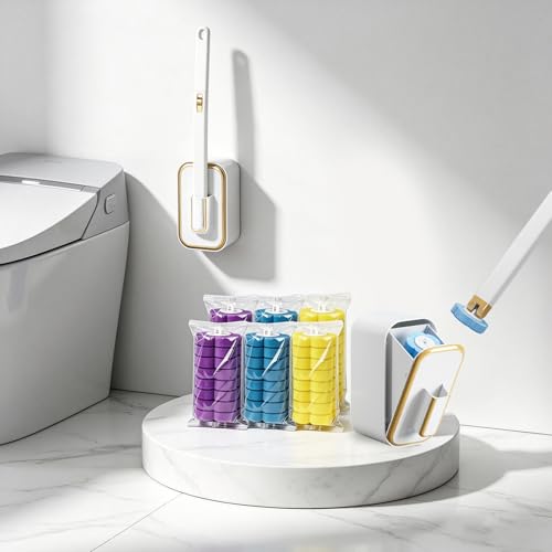 Disposable Toilet Brush Kit with 48 Refill Heads, Holder Storage Caddy Wall-Mounted Toilet Bowl Wand Scrubber for Bathroom Toilet Cleaner Toilet Bowl - color: Disposable Toilet Brush