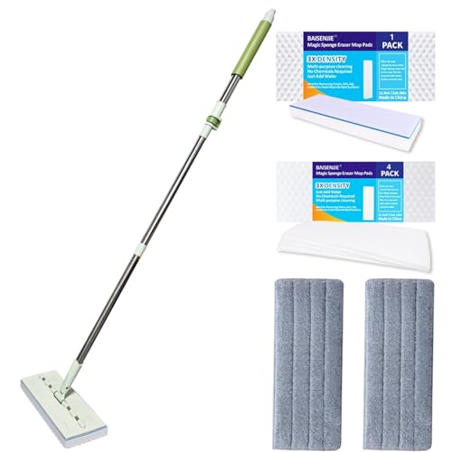 Magic Sponge Eraser Mop, 60" Adjustable Mop Handle with Flexible 13" Flat Head with Microfiber Pad and Magic Sponge Eraser Pads - color: Mop Set, size: 60"x13"