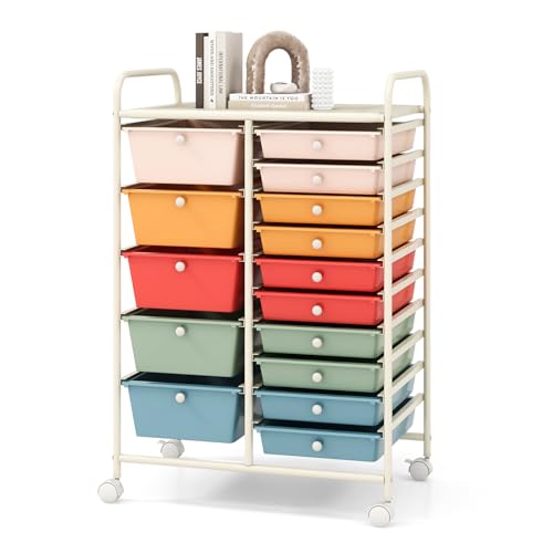 COSTWAY 15 Drawers Storage Cart, Multipurpose Rolling Utility Cart on Wheels w/Lockable Wheels & Removable Drawers, Mobile Tools Scrapbook Paper Organizer Cart for Office School Home, Macaron - color: Macaron, size: 15 Drawer