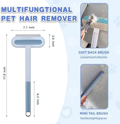 4 in 1 Pet Hair Remover - Washable & Reusable Long-Handle Tool, Gentle Removal for Dog/Cat Hair on Couch, Carpet, Furniture - Also Works for Window & Tile Cleaning (17.3inch)