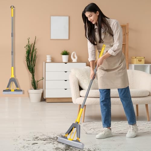 Sponge Mop,Masthome Roller Sponge Mop,Easy Self Squeeze Mop and Stainless Steel Handle,PVA Mops with 3 Absorbent Mop Refills for Home Use Tile Floor Bathroom Cleaning - color: Yellow-grey