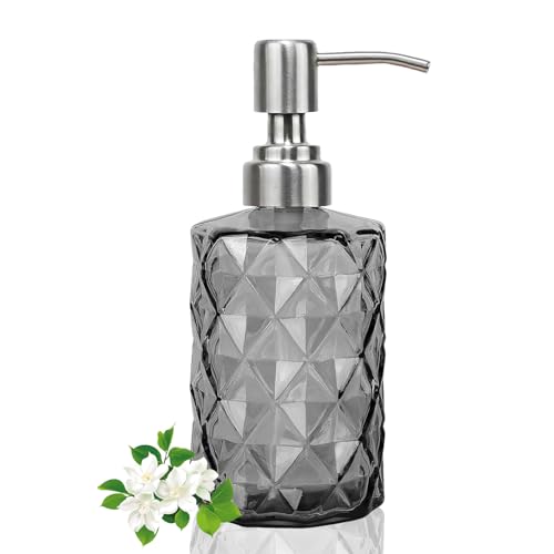 12Oz Gray Glass Soap Dispenser with Stainless Steel Pump, Refillable Kitchen Liquid Hand Soap Dispenser with Diamond Design, for Dispense Hand soap, Dish Soap, Lotion, Bathroom, Countertop, Hotel - color: Diamond Gray